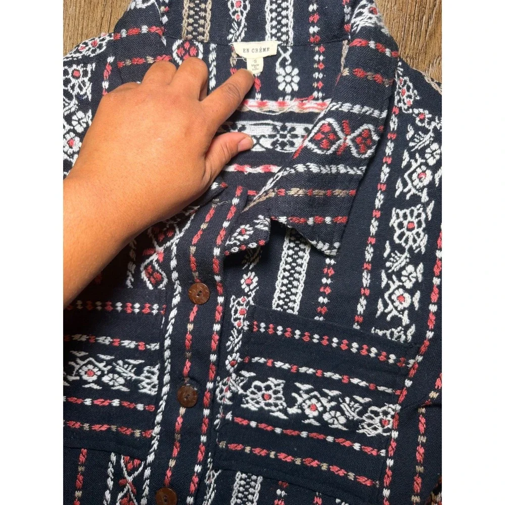 Billabong Cropped Tribal Print Button Down Shirt Jacket Navy‎ Red White XS